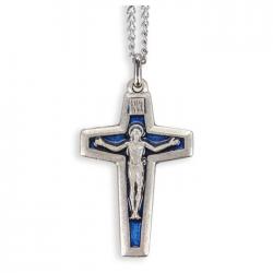  2 1/4\" CHRIST RISEN ANTIQUED SILVER CRUCIFIX WITH BLUE INLAY 